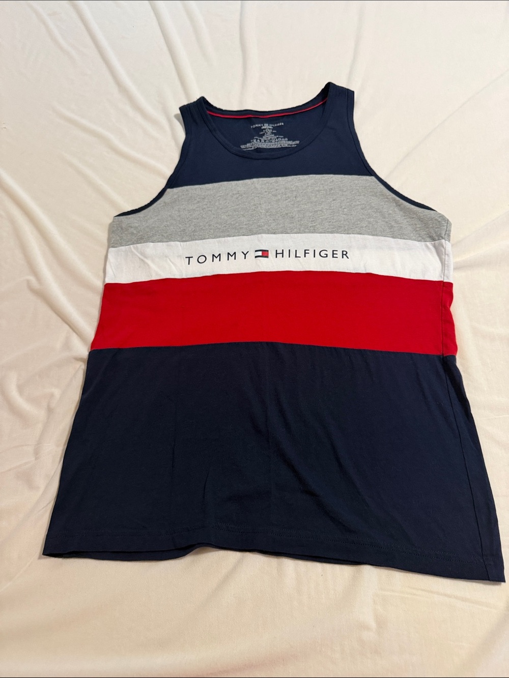 Tommy Hilfiger Navy, Gray, White & Red Striped Logo Tank
